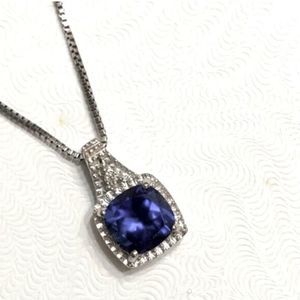 Blue Sapphire Diamond Pendant Sterling Silver Box Chain Necklace 18” long